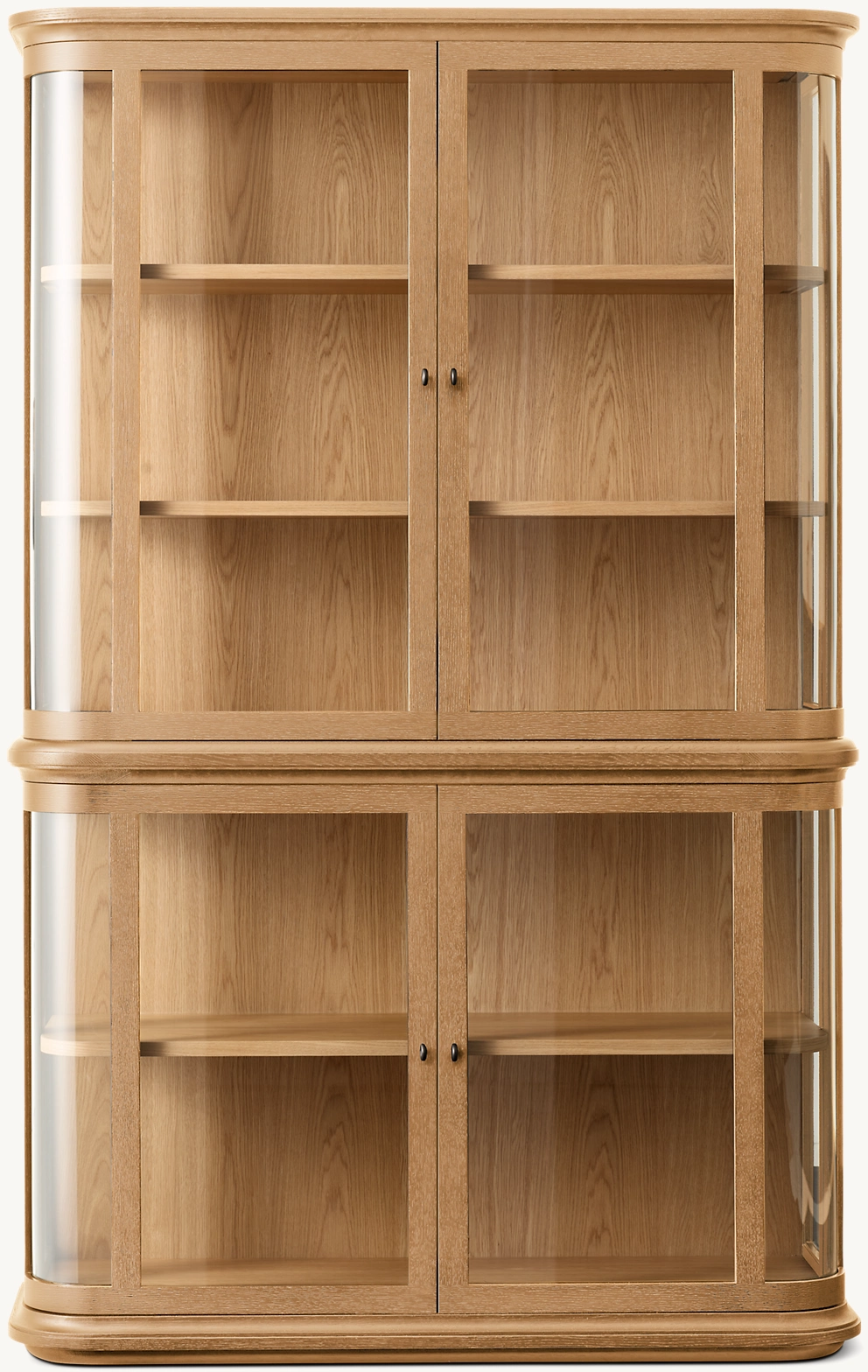 Detail view of 1970s French Vitrine Cabinet showing oak cabinet design