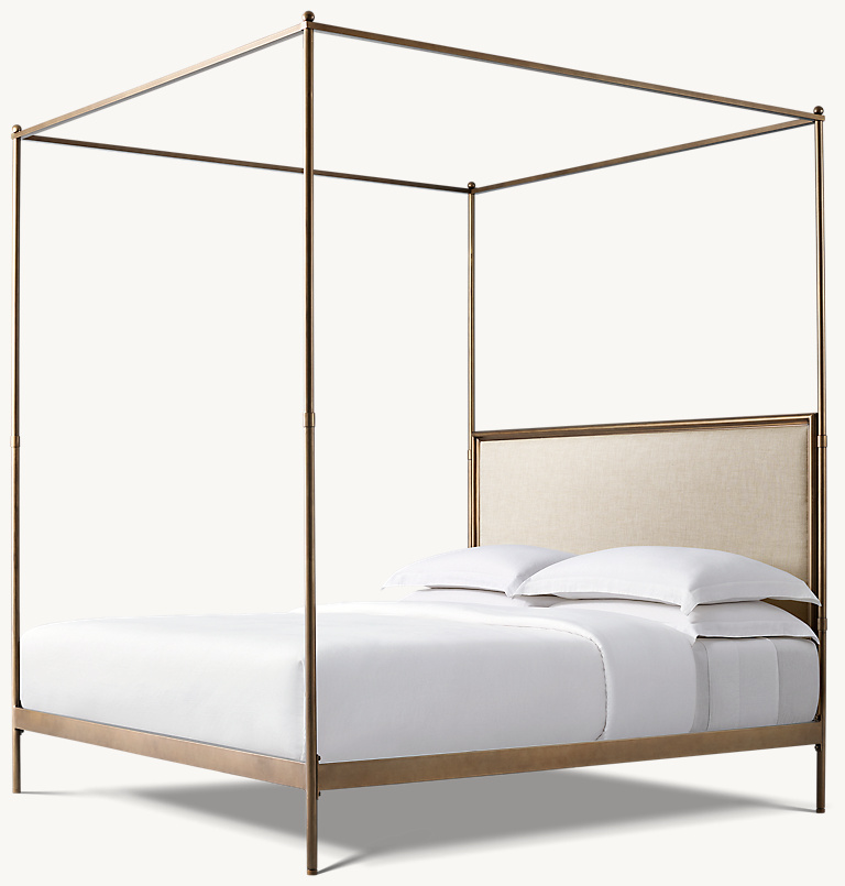 Detail view of 19th C.. French Iron Fabric Panel Canopy Bed showing iron canopy bed design