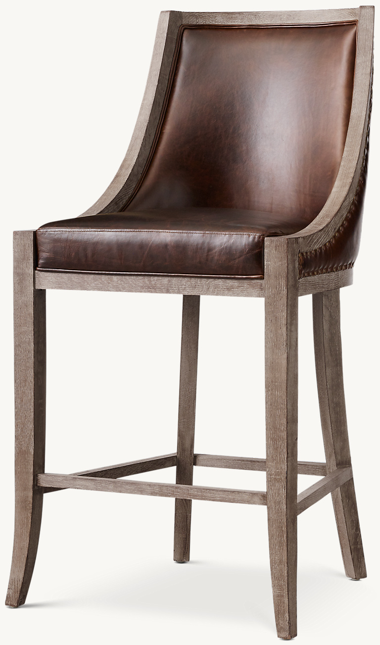Detail view of 19th C.. French Empire Fabric Bar & Counter Stool showing oak bar stool design