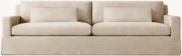 Detail view of Belgian Slipcovered Track Arm Sofa showing oak sofa design