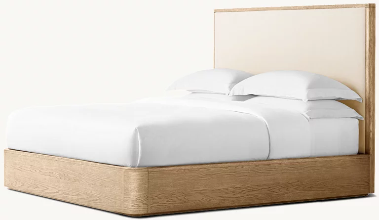 Detail view of Breton Fabric Panel Platform Bed showing oak bed design