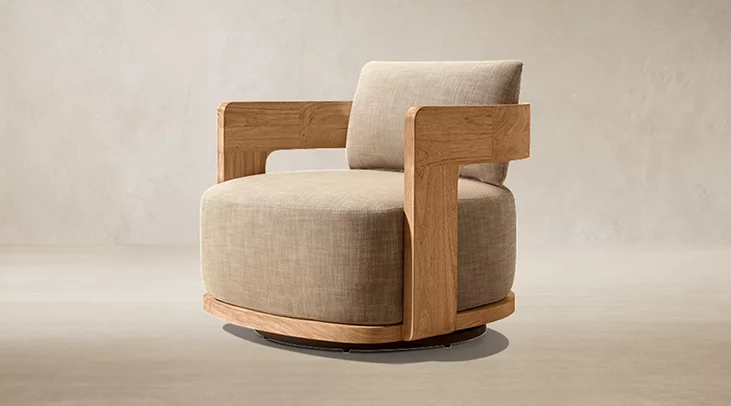 Detail view of Bronte Teak Swivel Lounge Chair showing teak lounge chair design