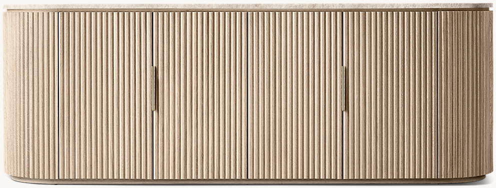 Detail view of Byron Emperador 4-Door Media Console showing oak media console design