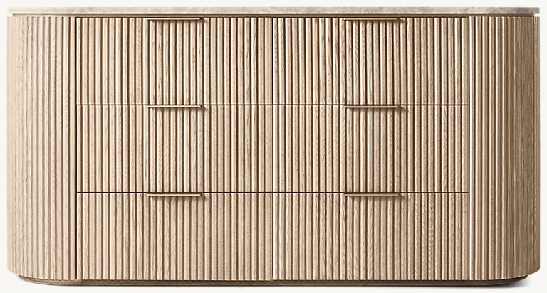 Detail view of Byron Emperador 6-Drawer Dresser showing oak dresser design