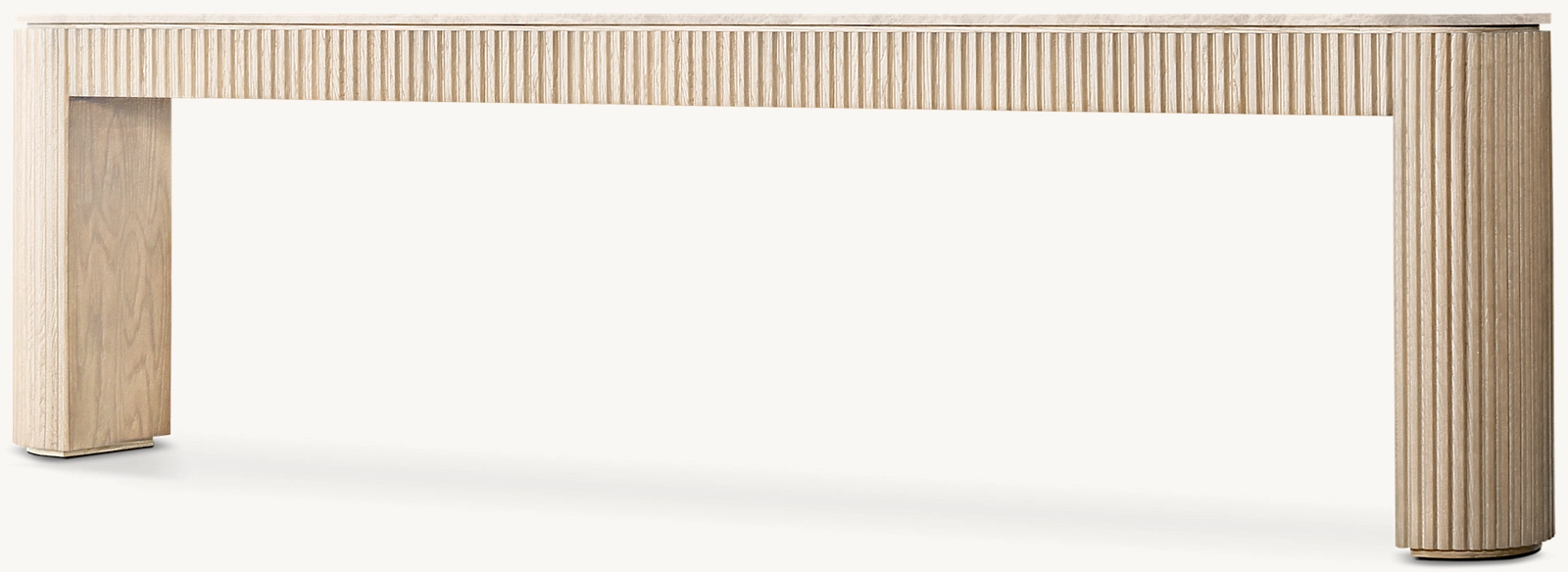 Detail view of Byron Emperador Low Console Table showing oak console design