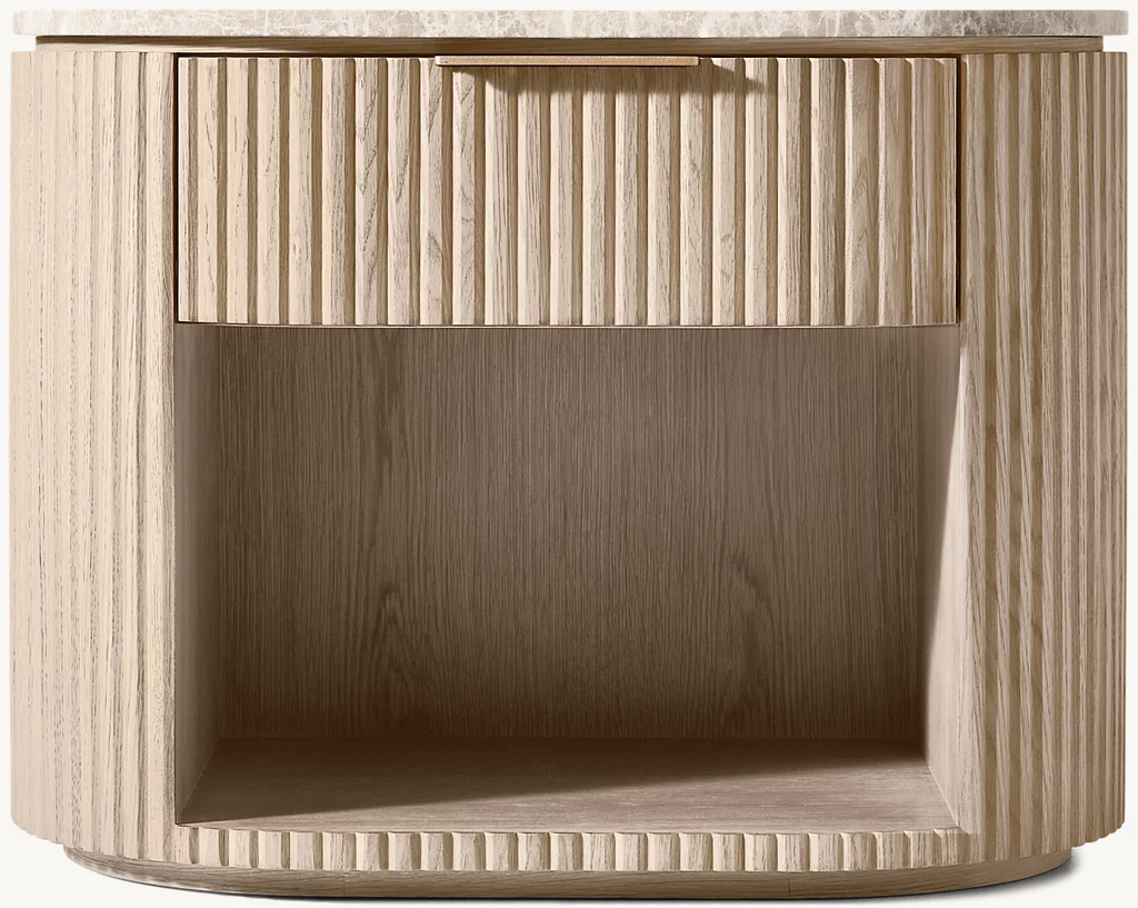 Detail view of Byron Emperador Open Nightstand showing oak nightstand design