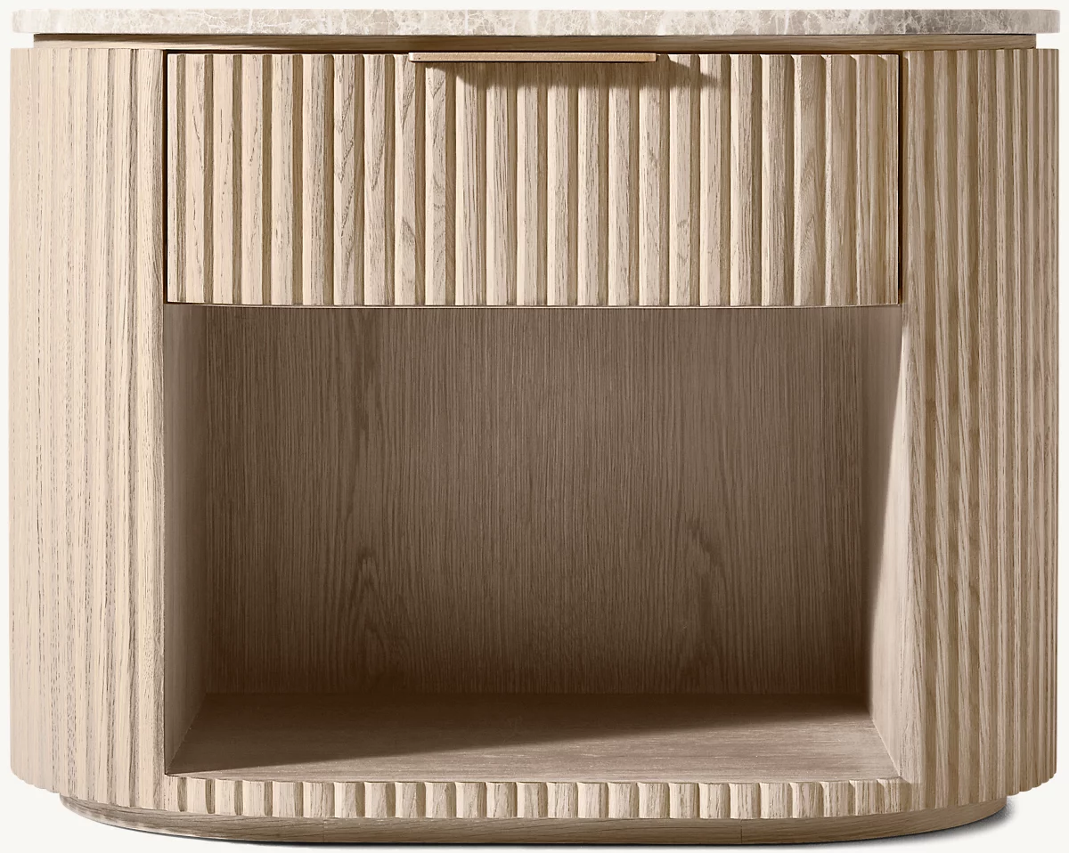 Detail view of Byron Emperador Open Nightstand showing oak nightstand design