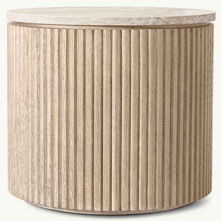 Detail view of Byron Emperador Round Side Table showing oak side table design