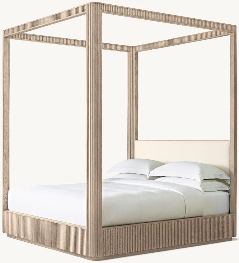 Detail view of Byron Fabric Canopy Bed showing oak canopy bed design