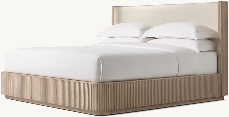 Detail view of Byron Fabric Shelter Bed showing oak bed design