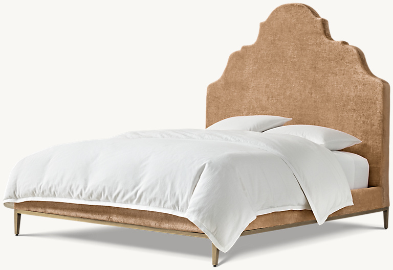Detail view of Camilla Upholstered Bed - Aged Brass showing fabric bed design