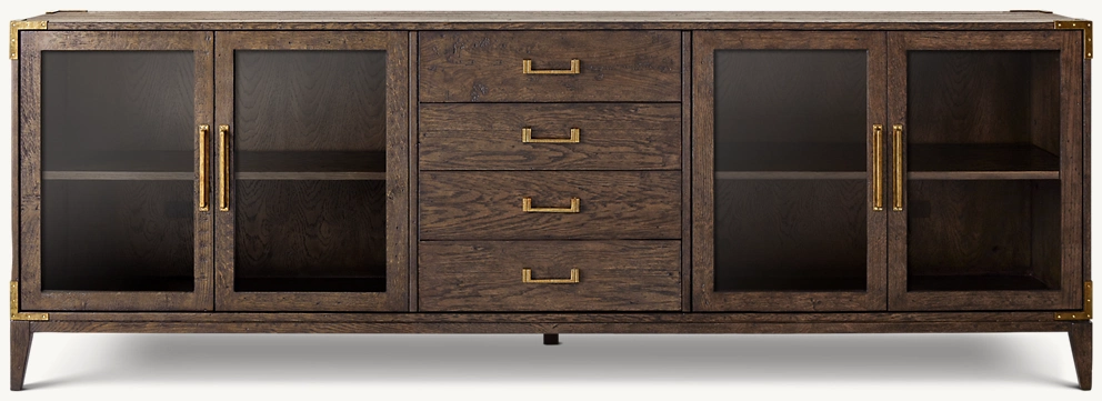 Detail view of Cayden Campaign Glass 4-Door Sideboard With Drawweis showing aluminum sideboard design