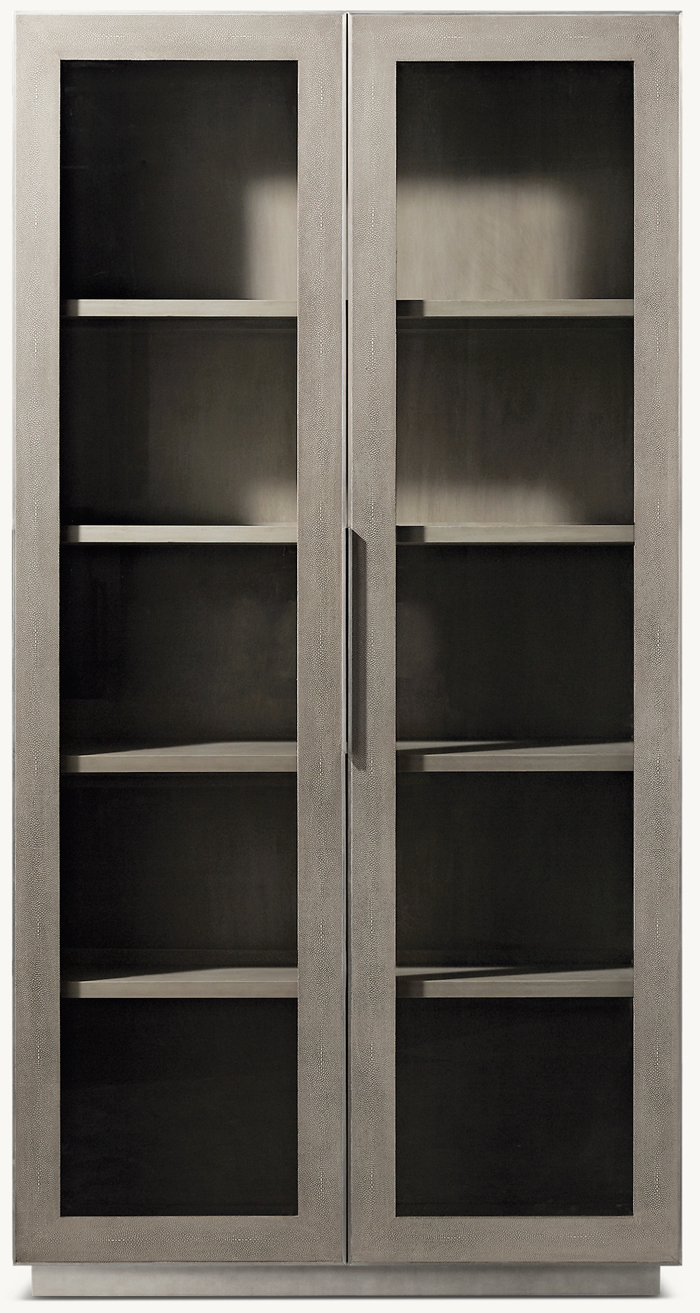 Detail view of Cela Shagreen Glass Double-Door Cabinet showing shagreen cabinet design