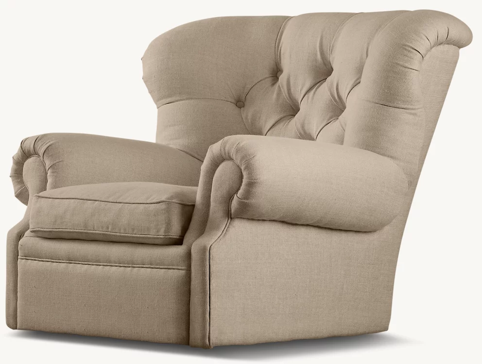 Detail view of Churchill Swivel Chair showing fabric armchair design