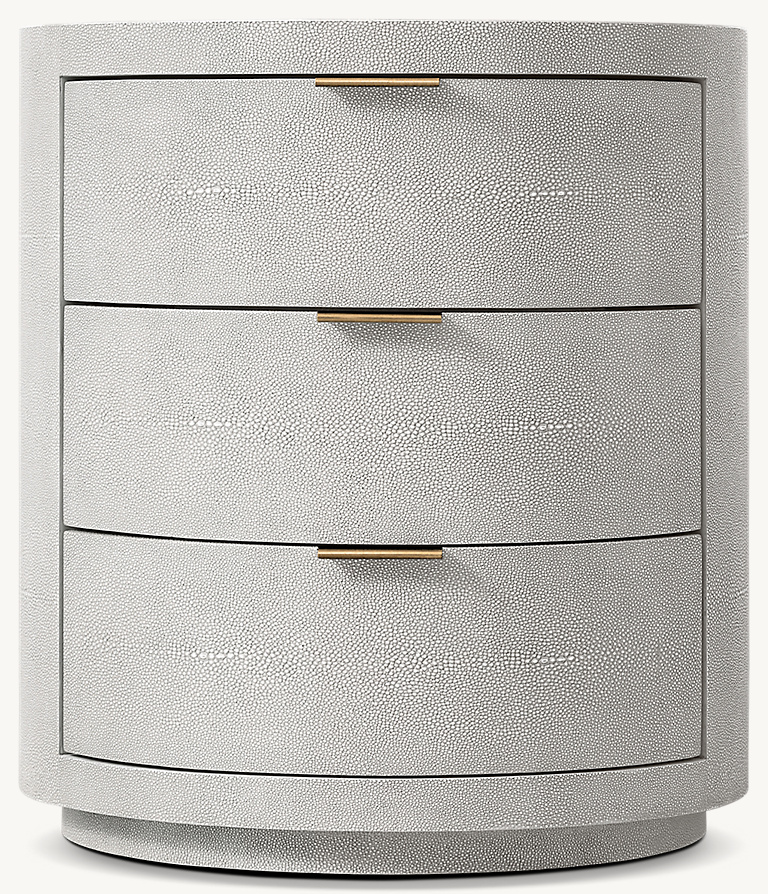 Detail view of Clio Shagreen 3-Drawer Round Nightstand - Brass showing shagreen nightstand design