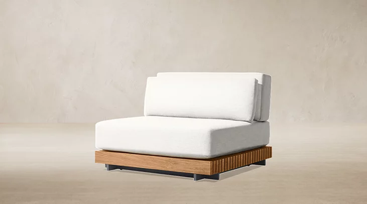 Detail view of Caicos Teak Modular Armless Lounge Chair showing teak lounge chair design