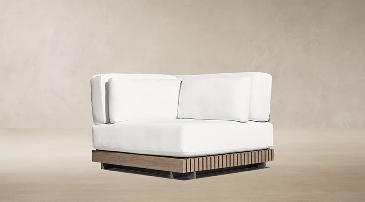 Detail view of Caicos Teak Modular Left-Arm Corner Chair showing teak lounge chair design