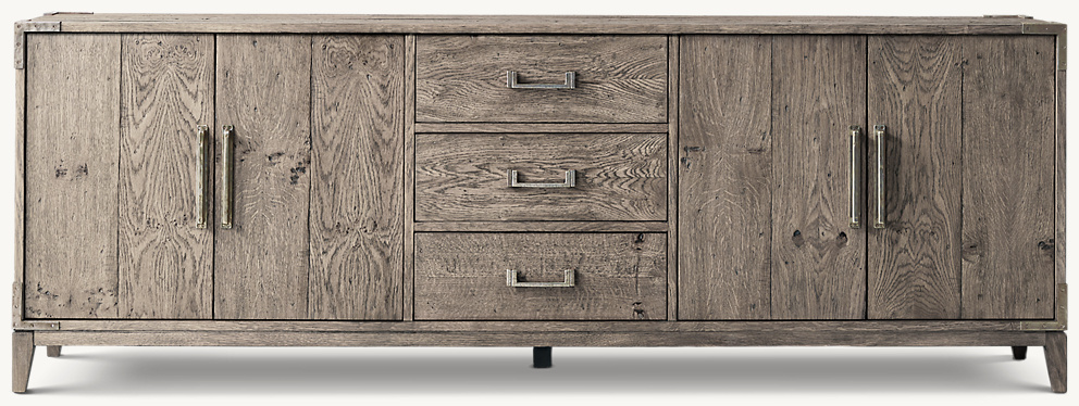 Detail view of Cayden Campaign 4-Door Media Console With Drawers showing aluminum media console design