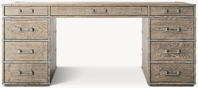 Detail view of Cayden Campaign Desk showing aluminum desk design