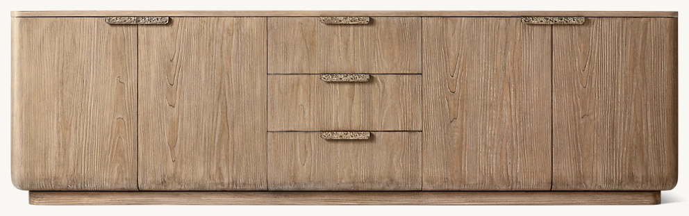 Detail view of Ciro 4-Door With Drawers Media Console showing wood media console design