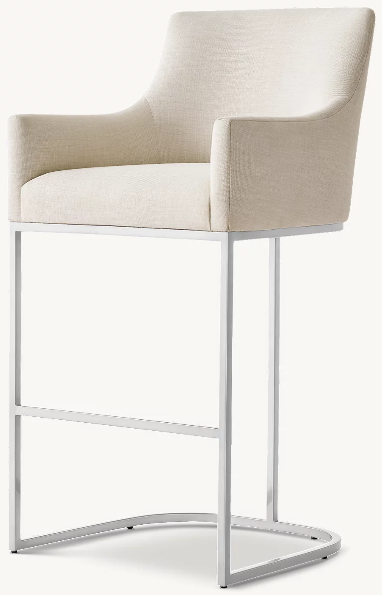 Detail view of Emery Curved-Back Track Arm Fabric Bar & Counter Stool showing fabric bar stool design