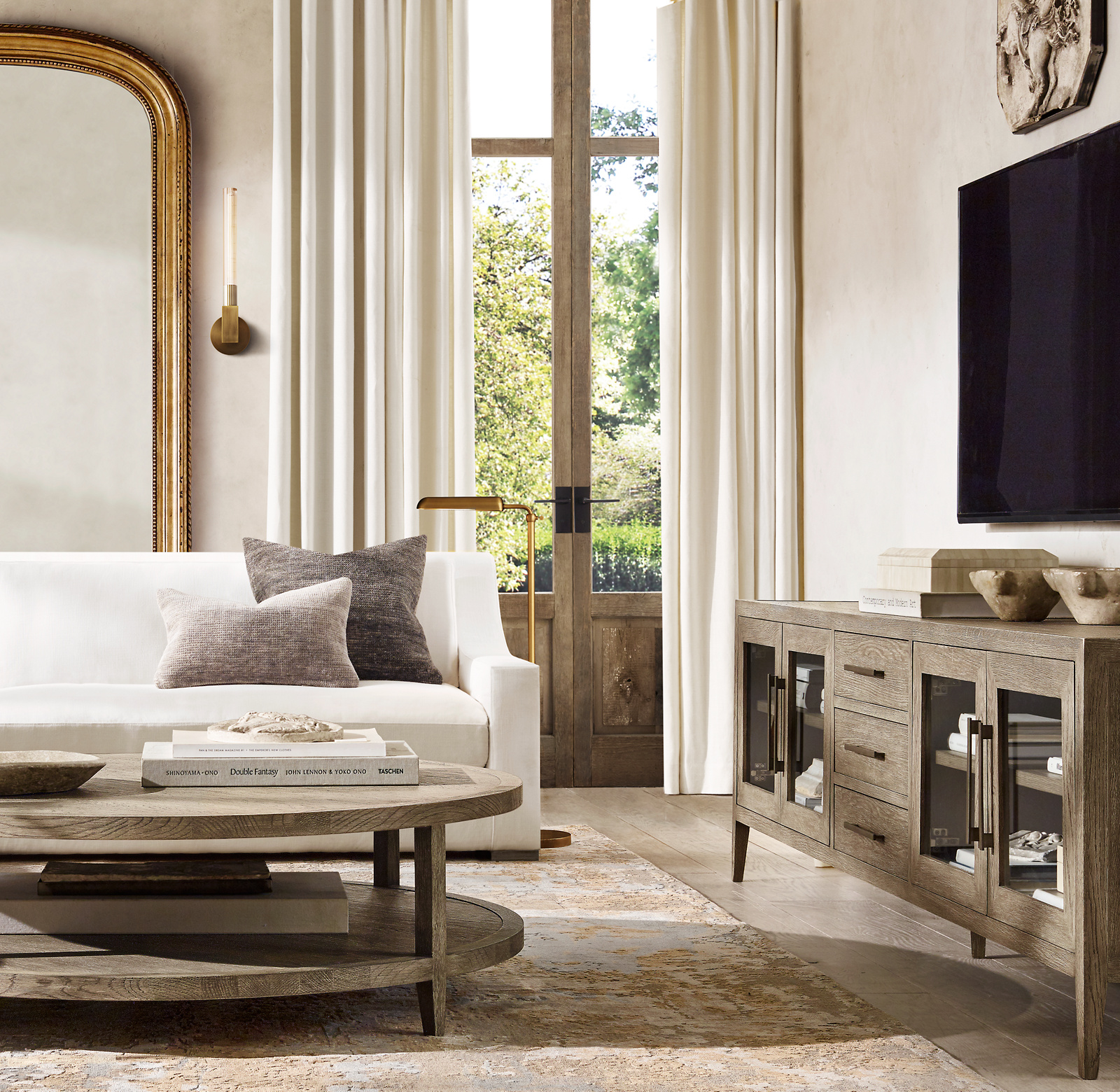 French Contemporary Glass 4-Door Media Console With Drawers Oak for living room