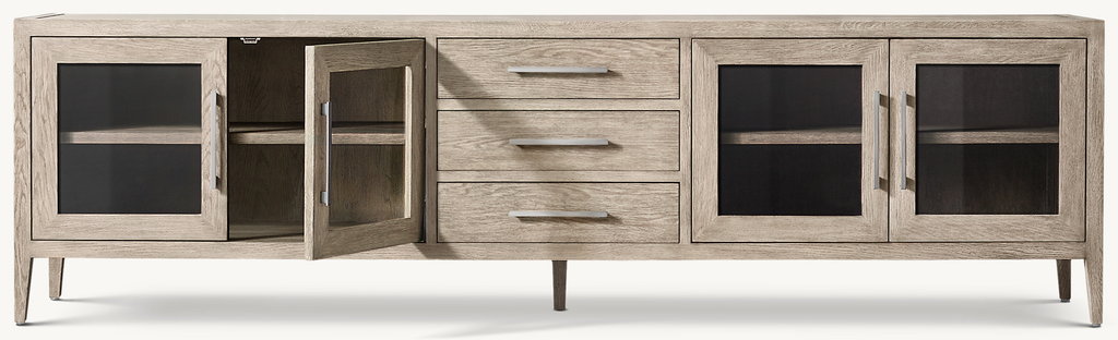 Detail view of French Contemporary Glass 4-Door Media Console With Drawers showing oak media console design