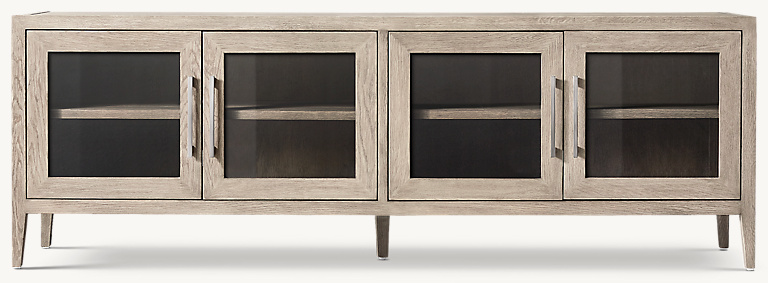 Detail view of French Contemporary Glass 4-Door Media Console With Drawers showing oak media console design