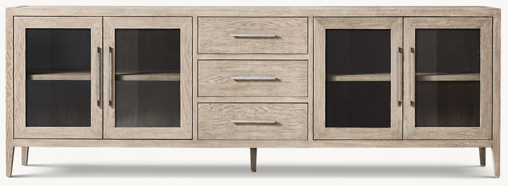 Detail view of French Contemporary Glass 4-Door Sideboard With Drawers showing oak sideboard design