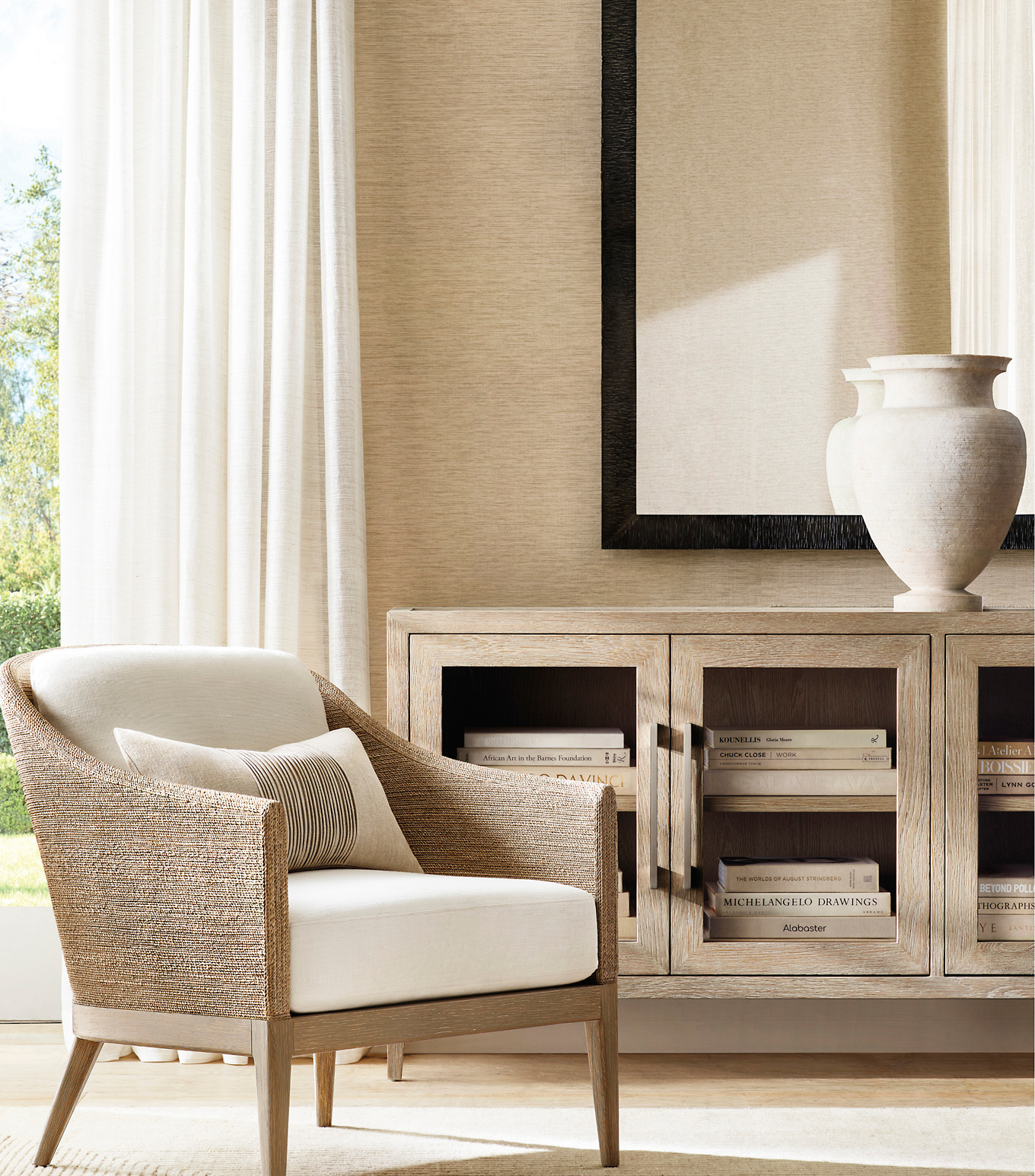 French Contemporary Glass Double-Door Sideboard Oak for living room
