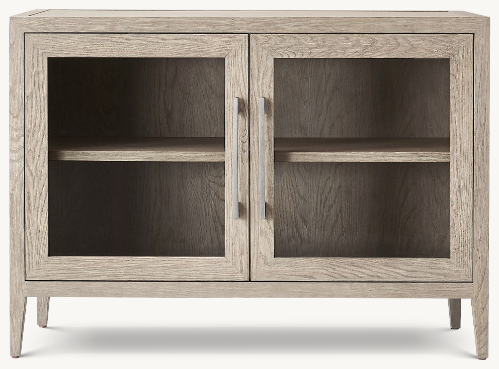 Detail view of French Contemporary Glass Double-Door Sideboard showing oak sideboard design