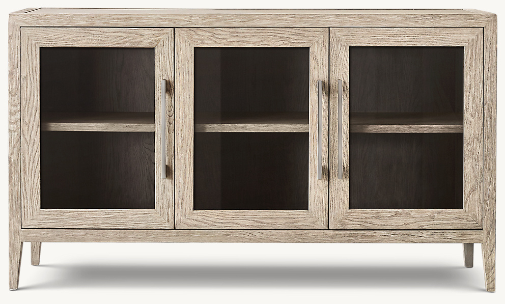Detail view of French Contemporary Glass Triple-Door Sideboard showing oak sideboard design