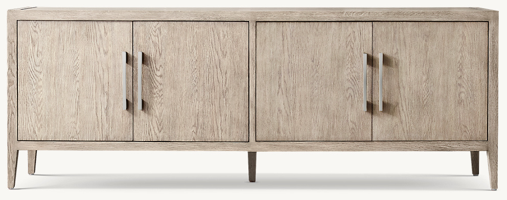 Detail view of French Contemporary Panel 4-Door Media Console showing oak media console design