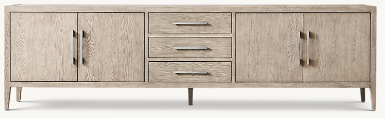 Detail view of French Contemporary Panel 4-Door Media Console With Drawers showing oak media console design
