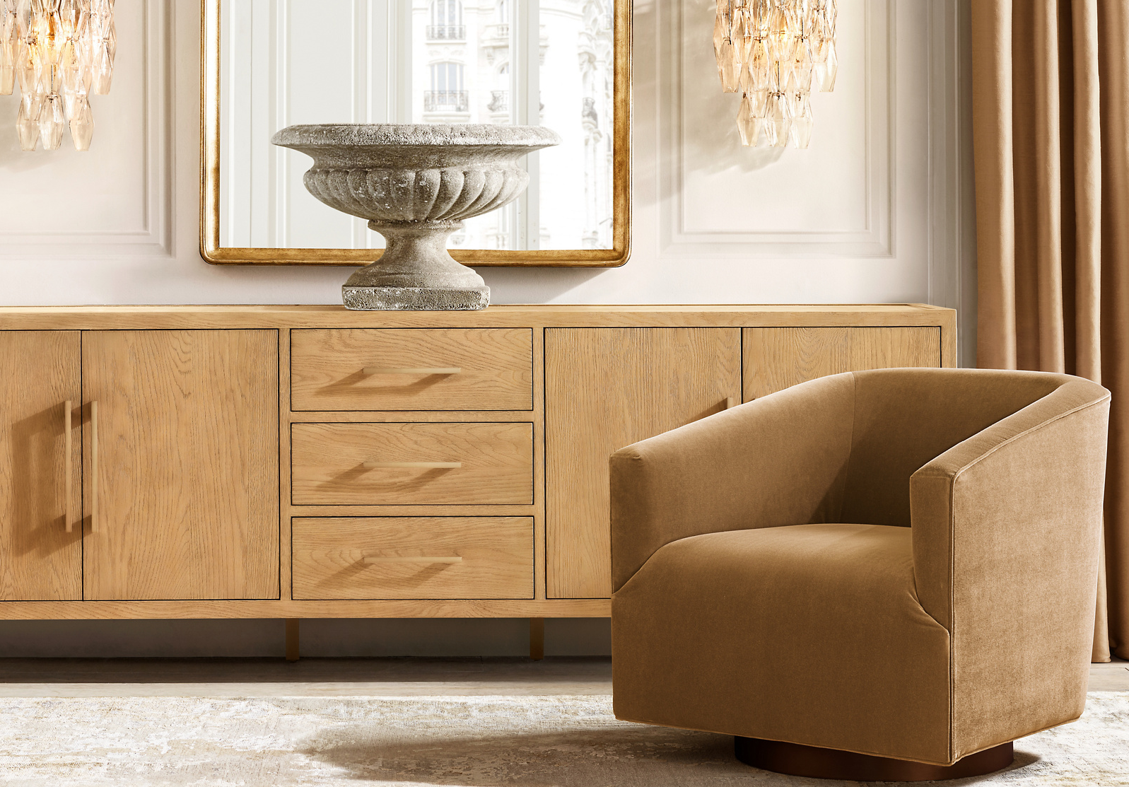 French Contemporary Panel 4-Door Sideboard With Drawers Oak for living room