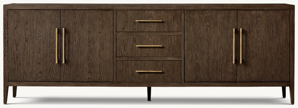Detail view of French Contemporary Panel 4-Door Sideboard With Drawers showing oak sideboard design