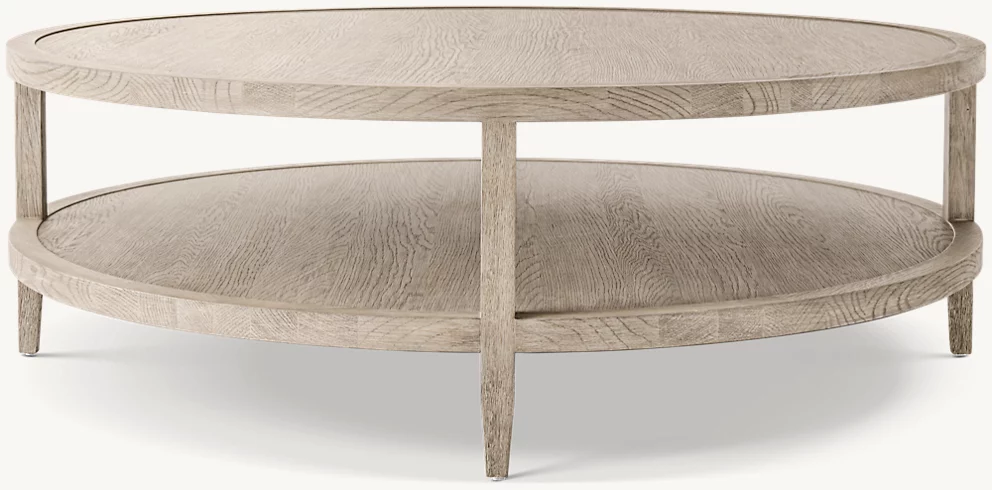 Detail view of French Contemporary Round Coffee Table showing oak coffee table design