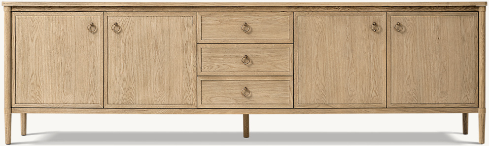 Detail view of FrançOis 4-Door Media Console With Drawers showing oak media console design