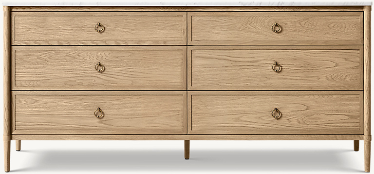 Detail view of FrançOis Marble 6-Drawer Dresser showing oak dresser design