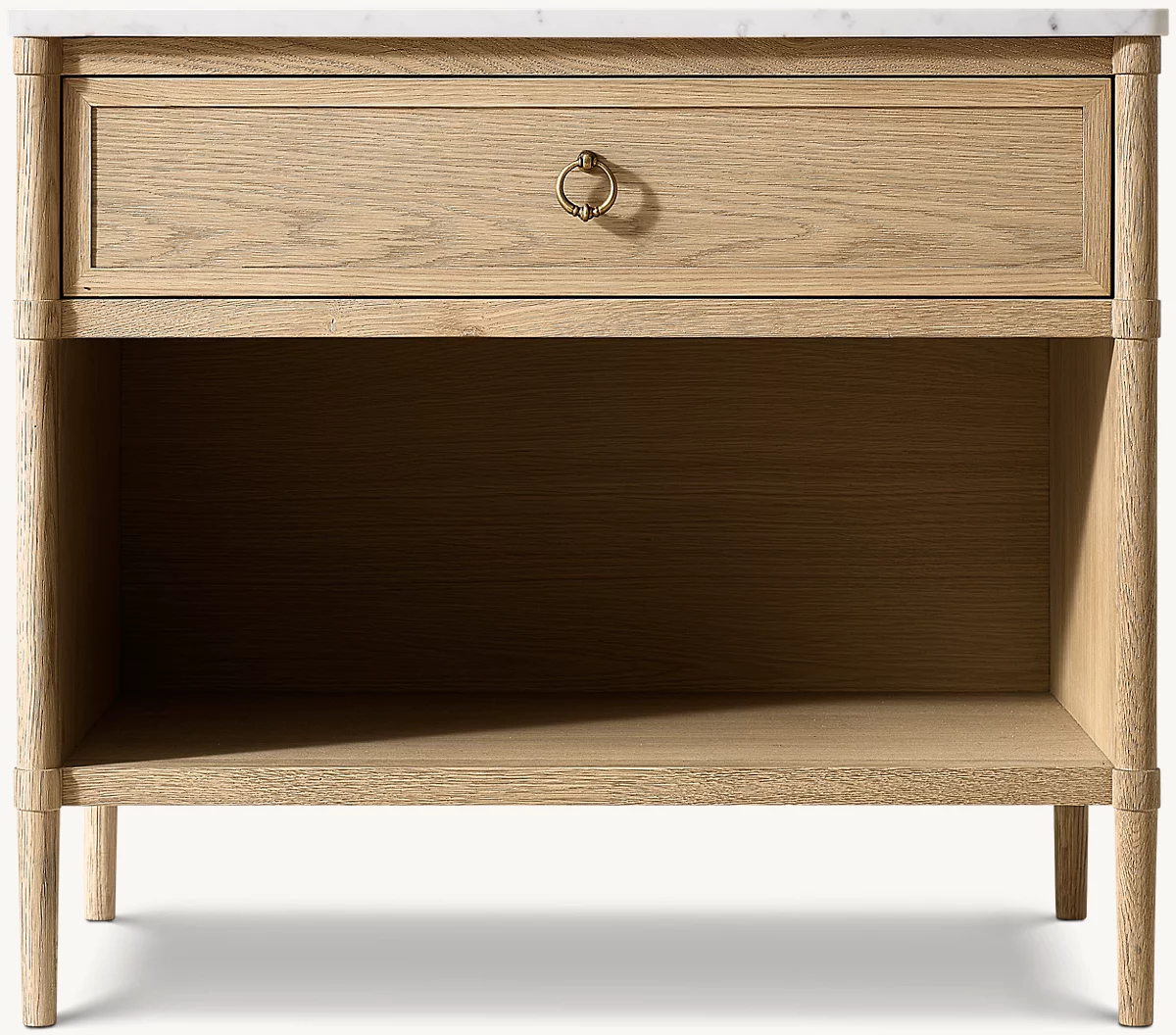 Detail view of FrançOis Marble Open Nightstand showing oak nightstand design