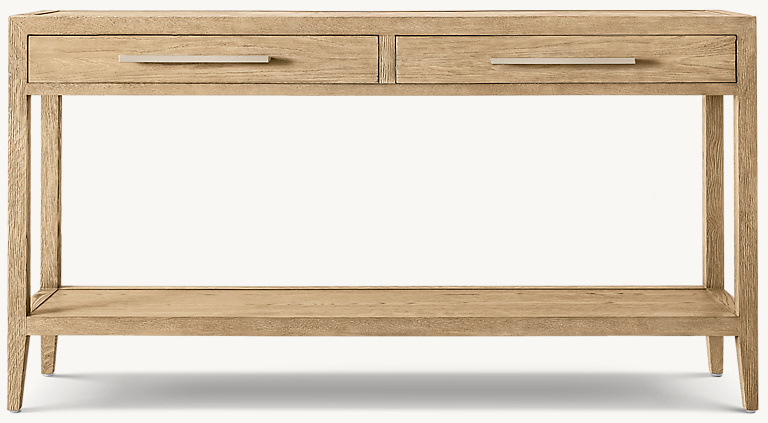 Detail view of French Contemporary 2-Drawer Console Table showing oak console design