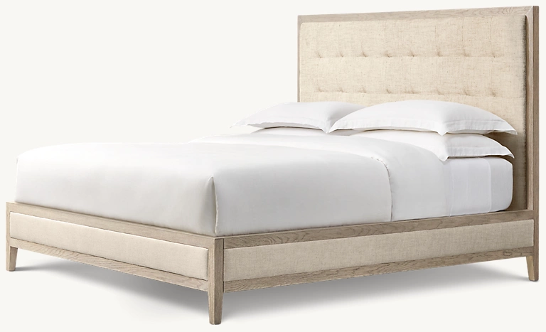 Detail view of French Contemporary Leather Box-Tufted Panel Bed showing oak panel bed design