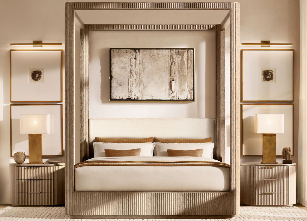 French Contemporary Leather Diamond-Tufted Panel Canopy Bed Oak for bedroom