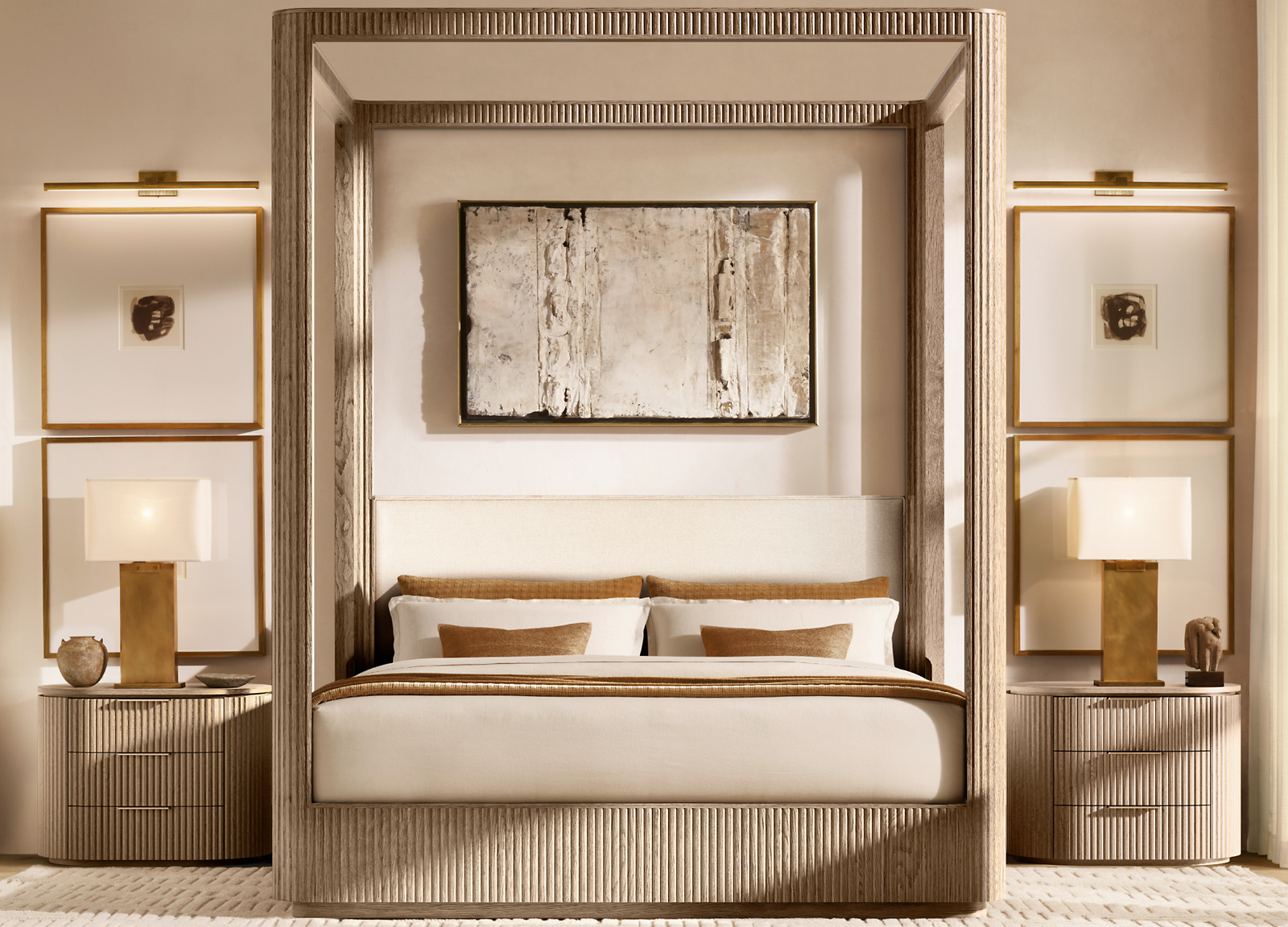 French Contemporary Leather Diamond-Tufted Panel Canopy Bed Oak for bedroom