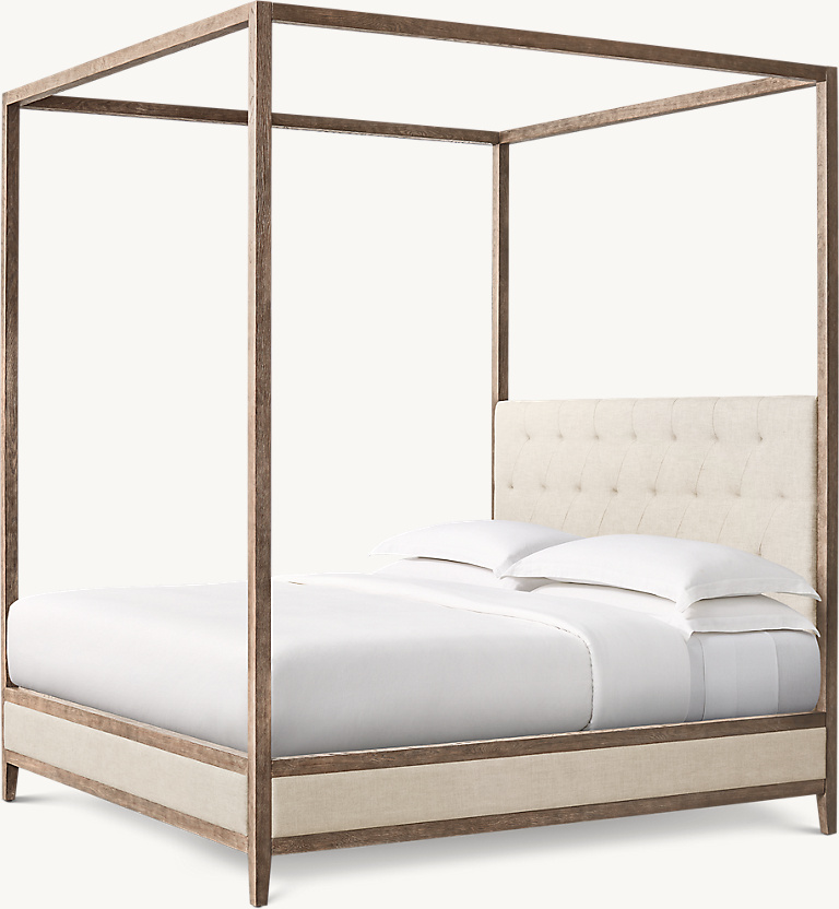 Detail view of French Contemporary Leather Diamond-Tufted Panel Canopy Bed showing oak canopy bed design