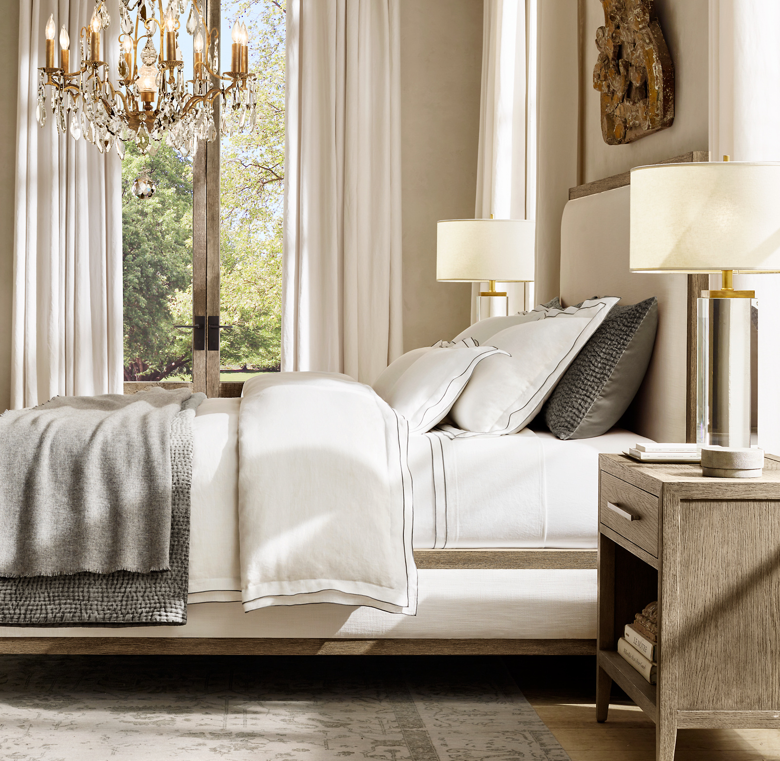 French Contemporary Leather Panel Bed Oak for bedroom