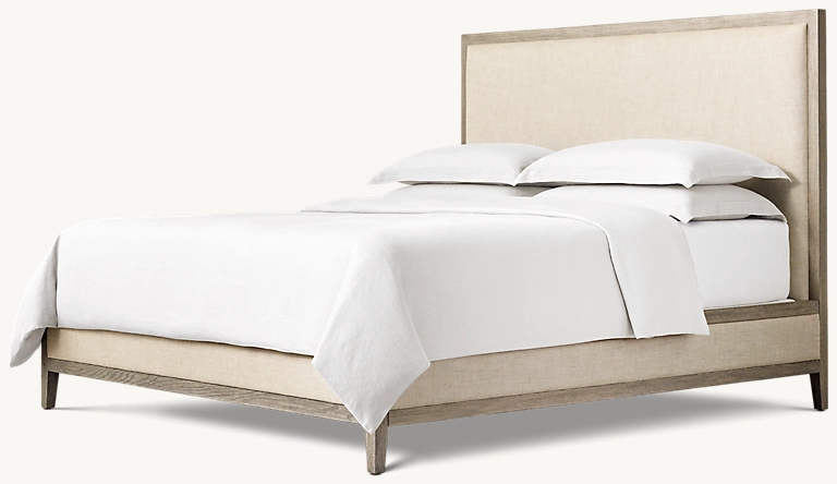 Detail view of French Contemporary Leather Panel Bed showing oak panel bed design