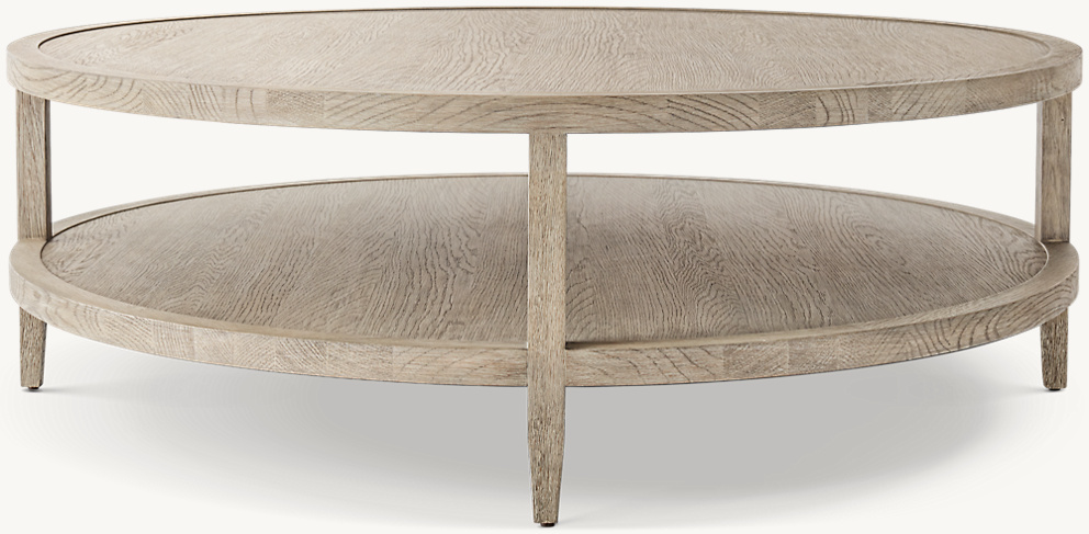 Detail view of French Contemporary Round Coffee Table showing oak coffee table design