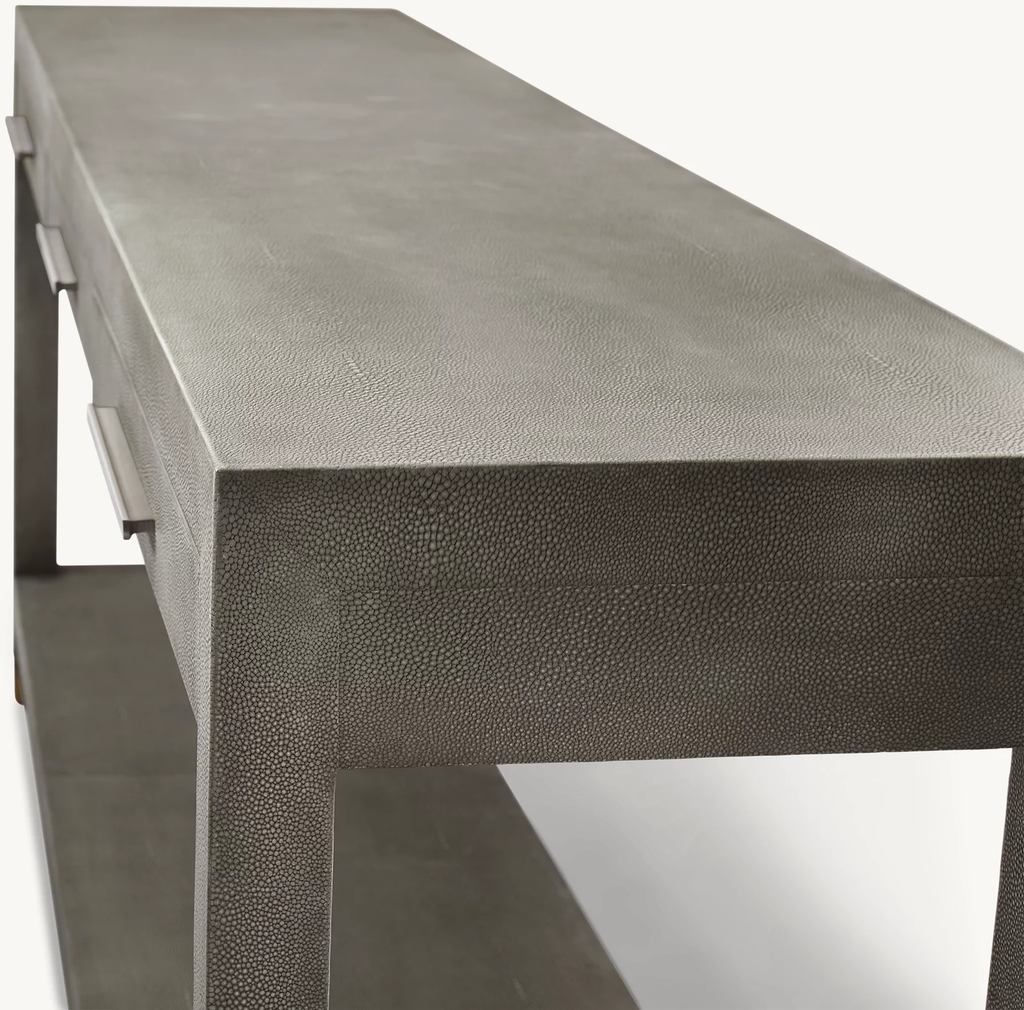 Detail view of Graydon Shagreen 2-Drawer Console Table showing shagreen console design