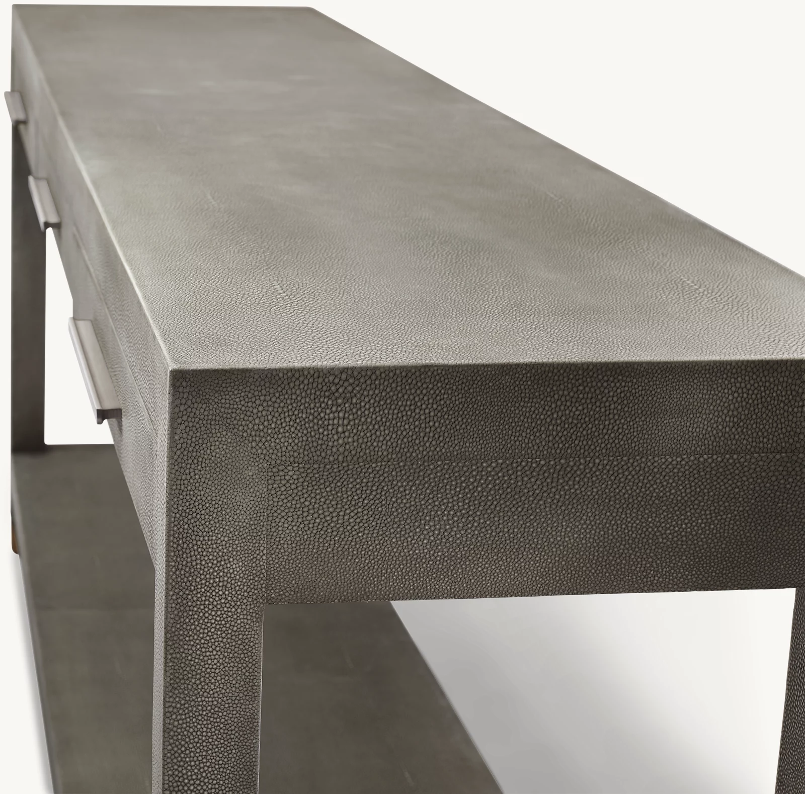 Detail view of Graydon Shagreen 2-Drawer Console Table showing shagreen console design